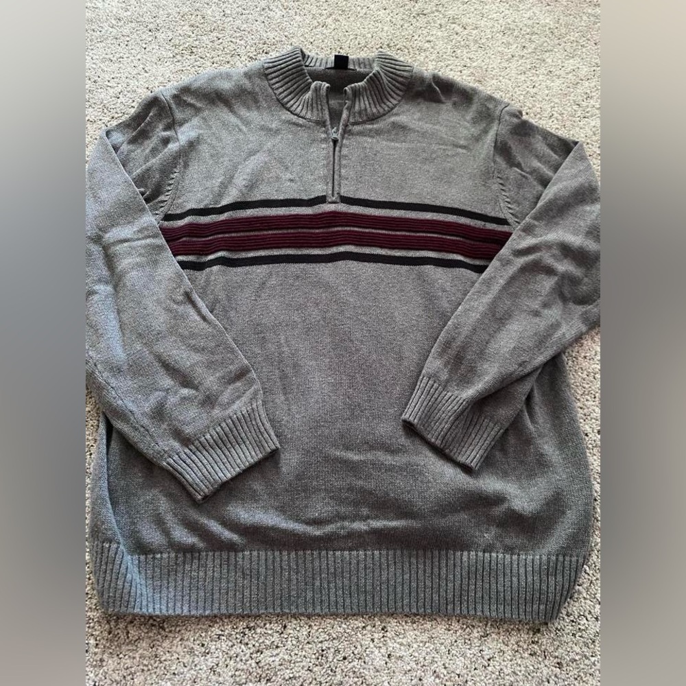 Basic Editions Gray Zip-Up Sweater with Burgundy Stripe